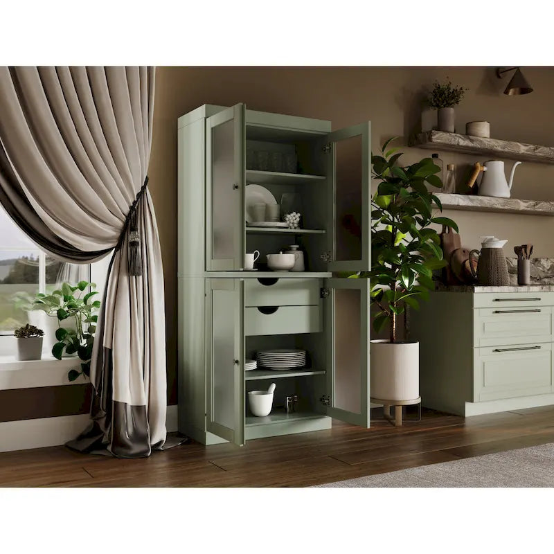 Meuble de rangement de cuisine 100 % en bois massif avec portes en verre dépoli, 2 tiroirs et étagères réglables - 32 x 71,5