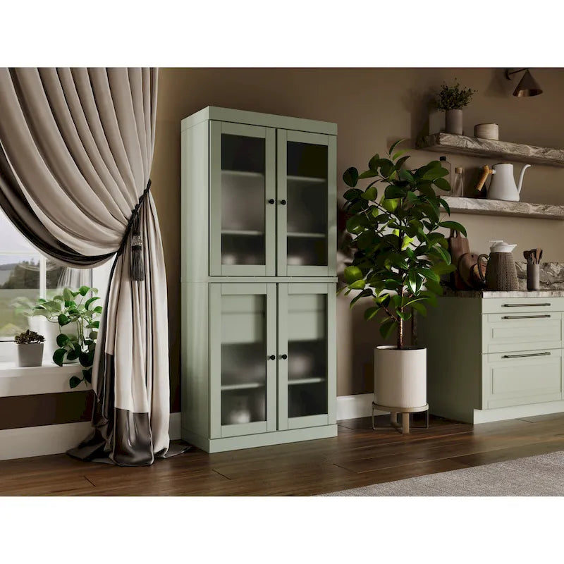 Meuble de rangement de cuisine 100 % en bois massif avec portes en verre dépoli, 2 tiroirs et étagères réglables - 32 x 71,5