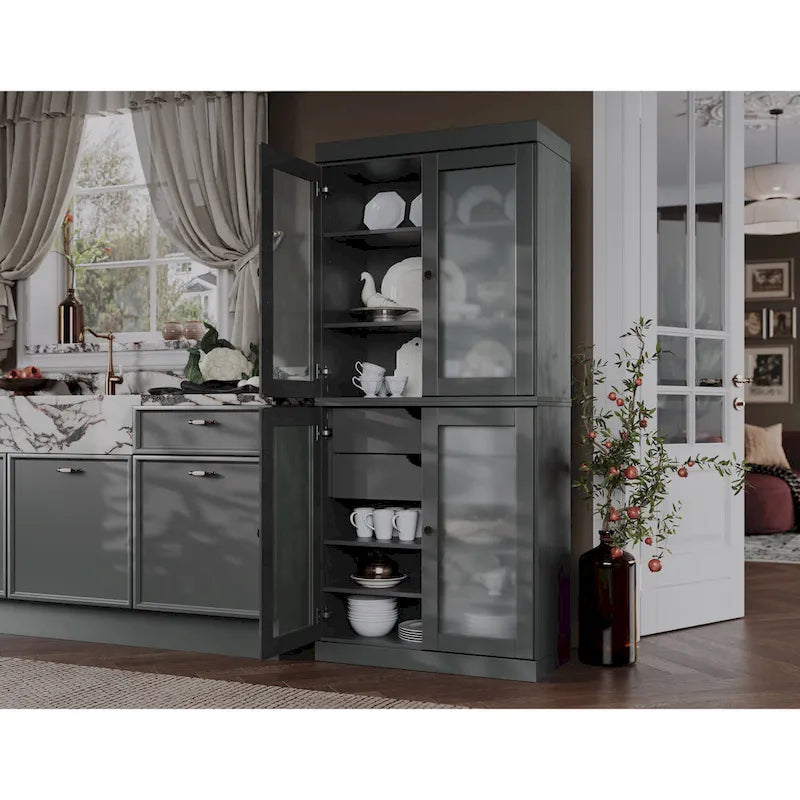 Meuble de rangement de cuisine 100 % en bois massif avec portes en verre dépoli, 2 tiroirs et étagères réglables - 32 x 71,5