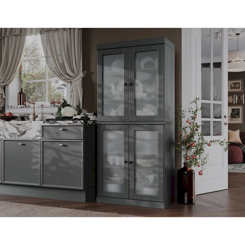 Meuble de rangement de cuisine 100 % en bois massif avec portes en verre dépoli, 2 tiroirs et étagères réglables - 32 x 71,5
