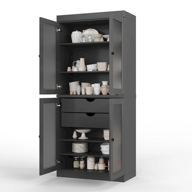 Meuble de rangement de cuisine 100 % en bois massif avec portes en verre dépoli, 2 tiroirs et étagères réglables - 32 x 71,5