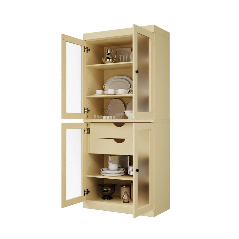 Meuble de rangement de cuisine 100 % en bois massif avec portes en verre dépoli, 2 tiroirs et étagères réglables - 32 x 71,5