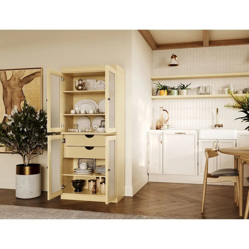 Meuble de rangement de cuisine 100 % en bois massif avec portes en verre dépoli, 2 tiroirs et étagères réglables - 32 x 71,5