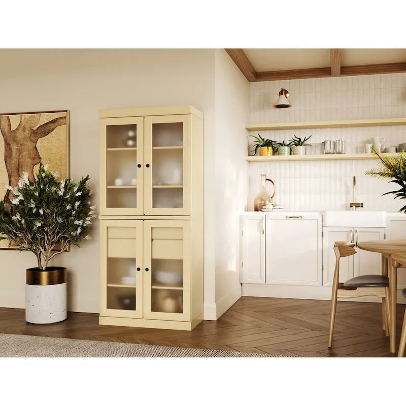 Meuble de rangement de cuisine 100 % en bois massif avec portes en verre dépoli, 2 tiroirs et étagères réglables - 32 x 71,5