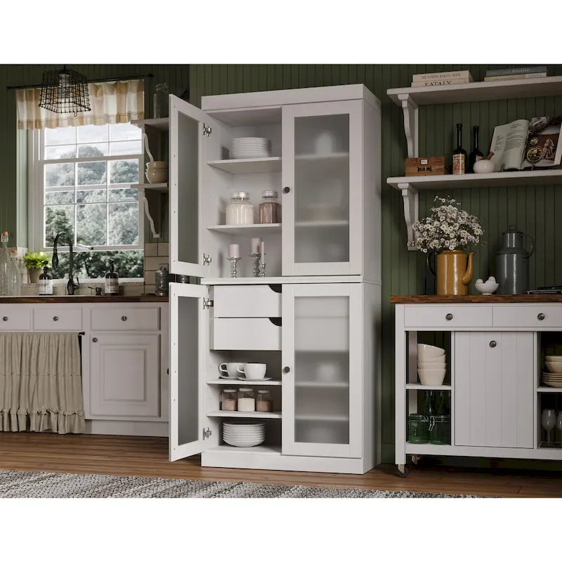 Meuble de rangement de cuisine 100 % en bois massif avec portes en verre dépoli, 2 tiroirs et étagères réglables - 32 x 71,5