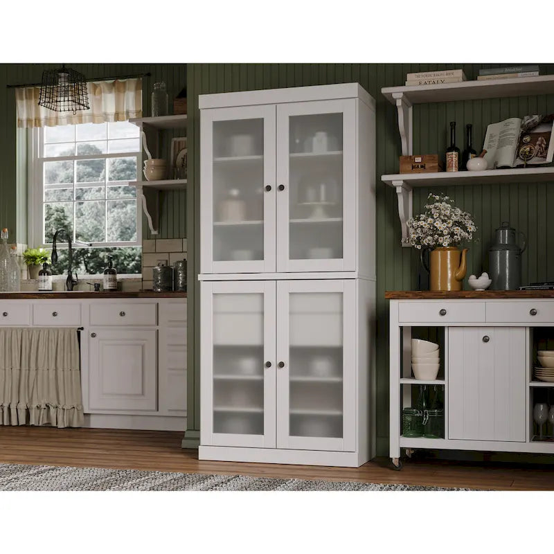 Meuble de rangement de cuisine 100 % en bois massif avec portes en verre dépoli, 2 tiroirs et étagères réglables - 32 x 71,5
