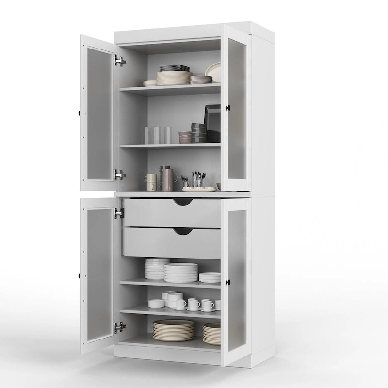 Meuble de rangement de cuisine 100 % en bois massif avec portes en verre dépoli, 2 tiroirs et étagères réglables - 32 x 71,5