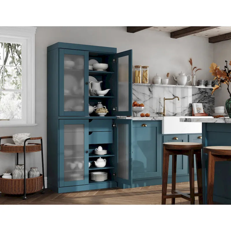 Meuble de rangement de cuisine 100 % en bois massif avec portes en verre dépoli, 2 tiroirs et étagères réglables - 32 x 71,5