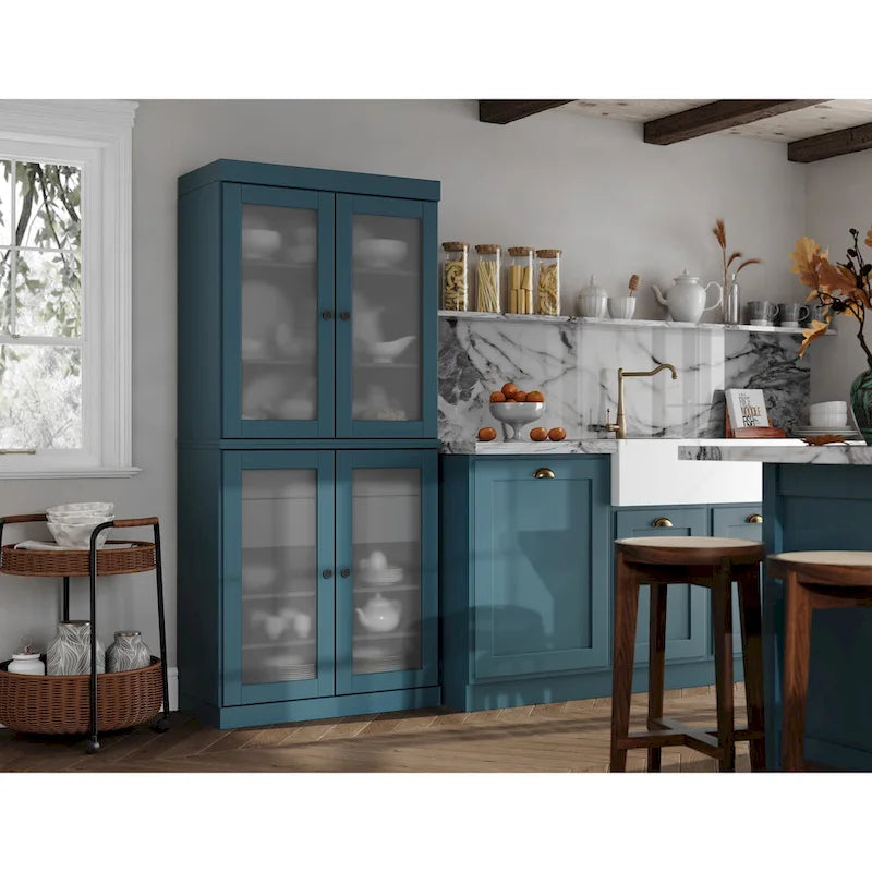 Meuble de rangement de cuisine 100 % en bois massif avec portes en verre dépoli, 2 tiroirs et étagères réglables - 32 x 71,5