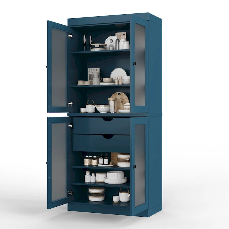 Meuble de rangement de cuisine 100 % en bois massif avec portes en verre dépoli, 2 tiroirs et étagères réglables - 32 x 71,5