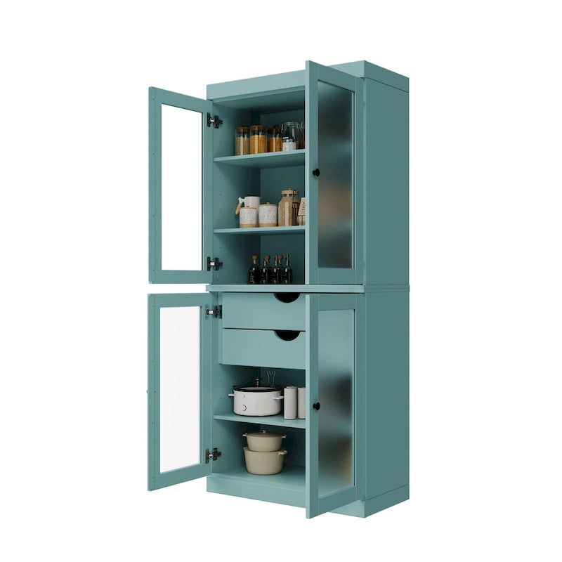 Meuble de rangement de cuisine 100 % en bois massif avec portes en verre dépoli, 2 tiroirs et étagères réglables - 32 x 71,5