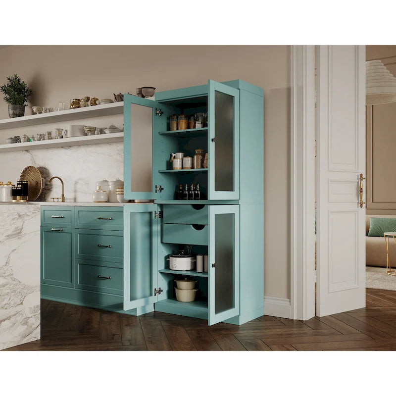 Meuble de rangement de cuisine 100 % en bois massif avec portes en verre dépoli, 2 tiroirs et étagères réglables - 32 x 71,5