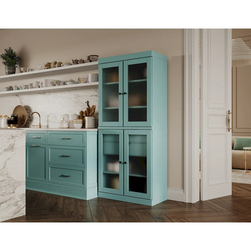 Meuble de rangement de cuisine 100 % en bois massif avec portes en verre dépoli, 2 tiroirs et étagères réglables - 32 x 71,5