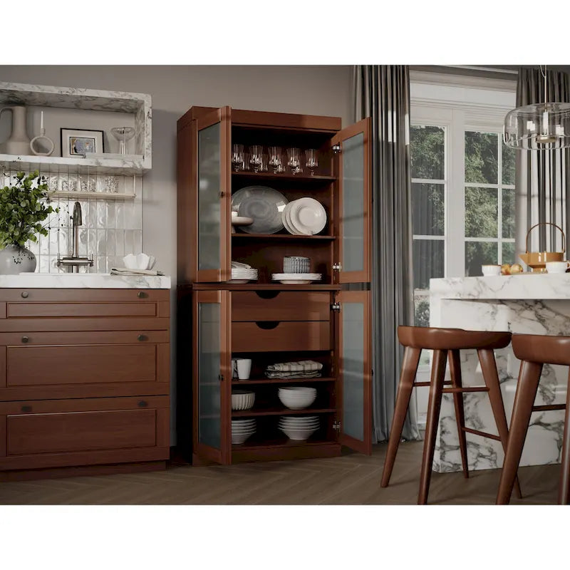 Meuble de rangement de cuisine 100 % en bois massif avec portes en verre dépoli, 2 tiroirs et étagères réglables - 32 x 71,5
