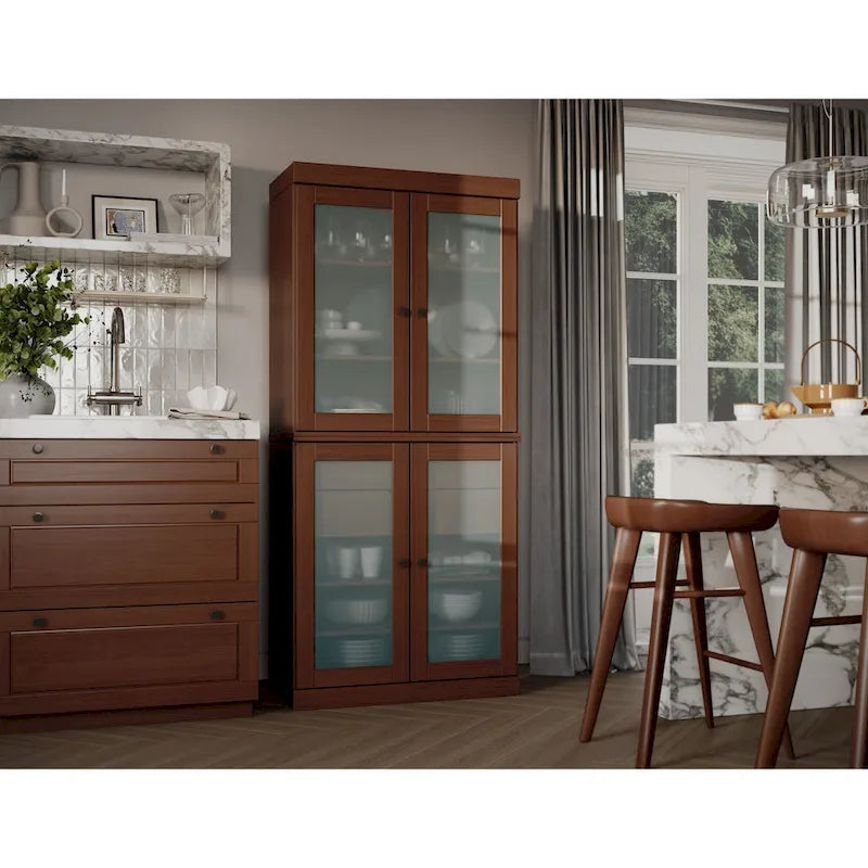 Meuble de rangement de cuisine 100 % en bois massif avec portes en verre dépoli, 2 tiroirs et étagères réglables - 32 x 71,5