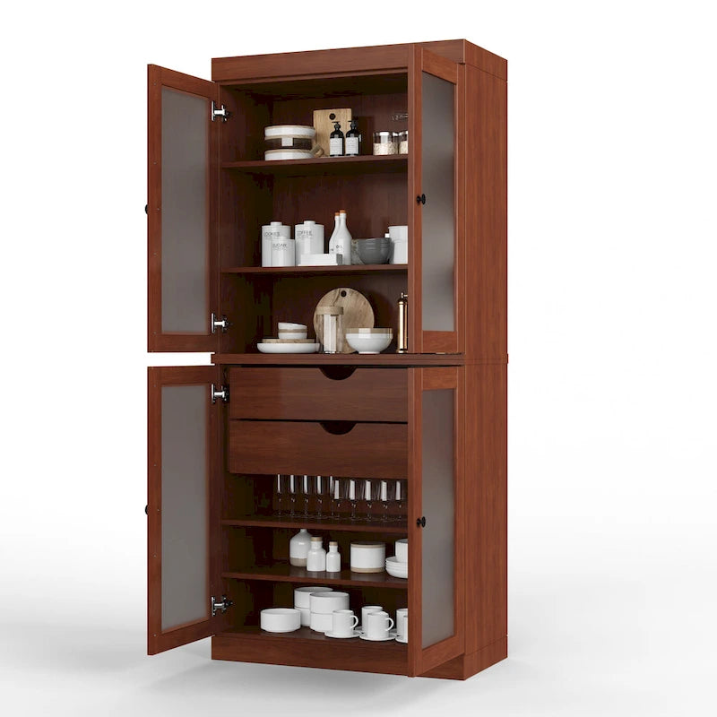 Meuble de rangement de cuisine 100 % en bois massif avec portes en verre dépoli, 2 tiroirs et étagères réglables - 32 x 71,5