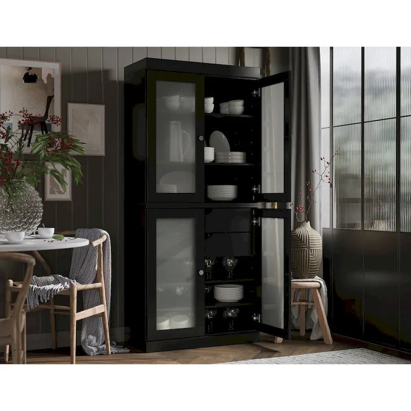 Meuble de rangement de cuisine 100 % en bois massif avec portes en verre dépoli, 2 tiroirs et étagères réglables - 32 x 71,5