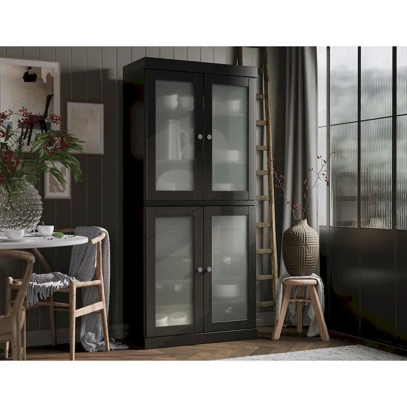 Meuble de rangement de cuisine 100 % en bois massif avec portes en verre dépoli, 2 tiroirs et étagères réglables - 32 x 71,5