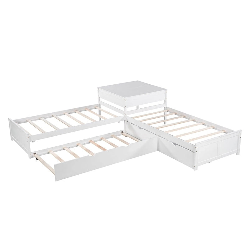 Lit plateforme en L moderne blanc de taille double avec lit gigogne et tiroirs pour chambre à coucher