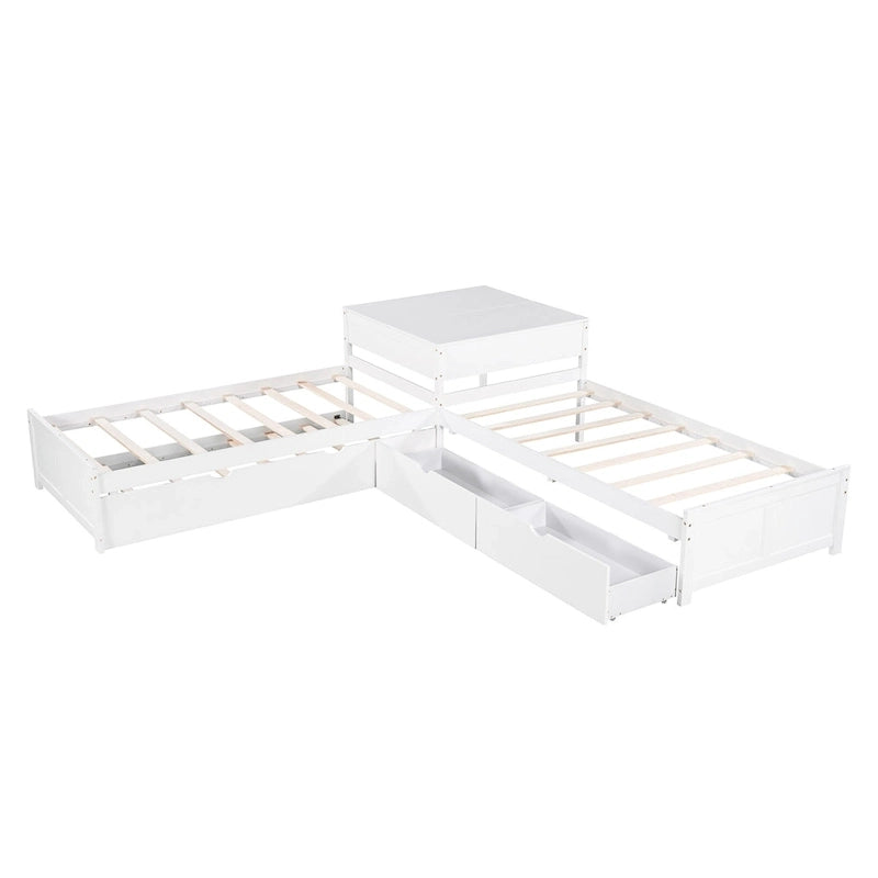 Lit plateforme en L moderne blanc de taille double avec lit gigogne et tiroirs pour chambre à coucher
