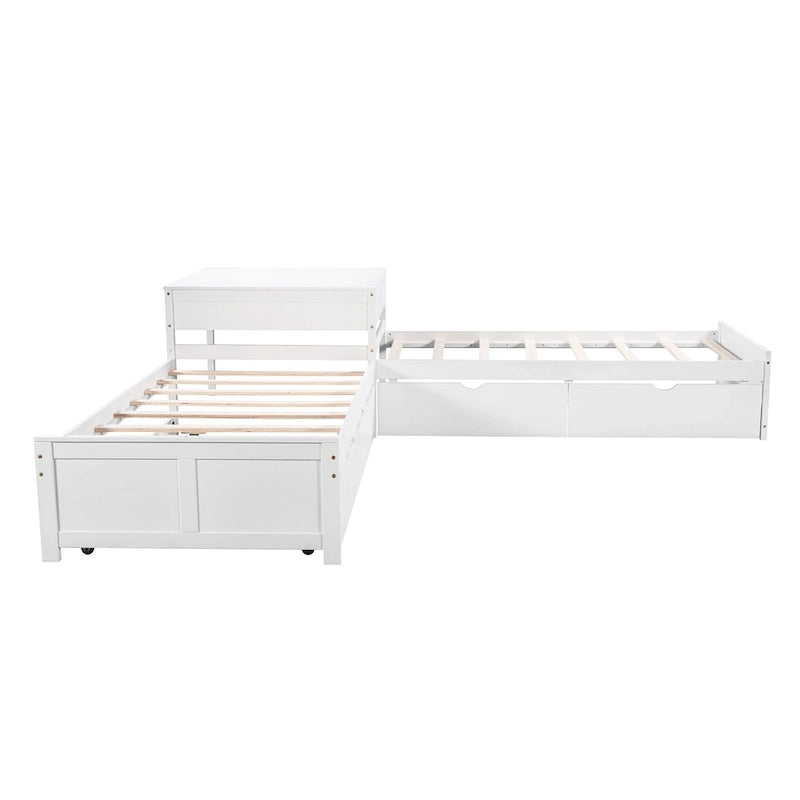 Lit plateforme en L moderne blanc de taille double avec lit gigogne et tiroirs pour chambre à coucher