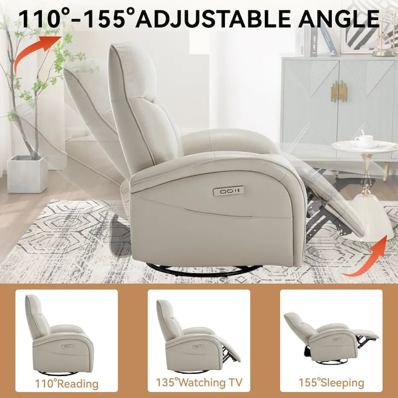Fauteuil inclinable électrique en similicuir pivotant à 270°, avec fonction de bascule et de glisse, 2 poches latérales, ports USB et Type-C