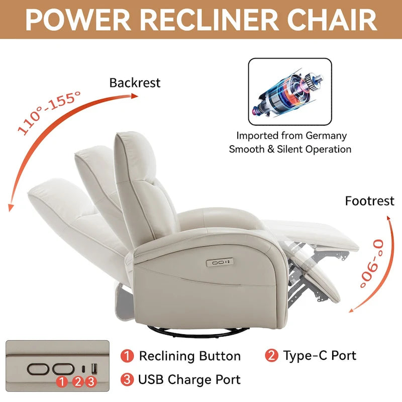 Fauteuil inclinable électrique en similicuir pivotant à 270°, avec fonction de bascule et de glisse, 2 poches latérales, ports USB et Type-C