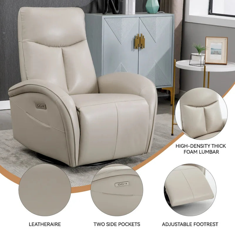 Fauteuil inclinable électrique en similicuir pivotant à 270°, avec fonction de bascule et de glisse, 2 poches latérales, ports USB et Type-C