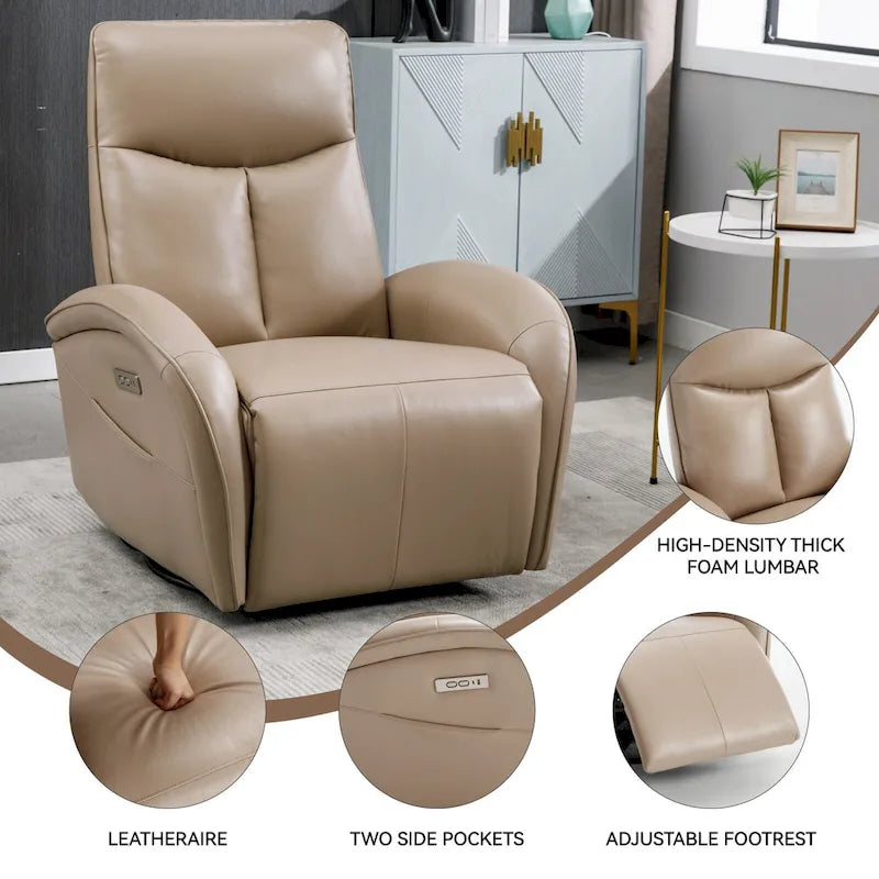 Fauteuil inclinable électrique en similicuir pivotant à 270°, avec fonction de bascule et de glisse, 2 poches latérales, ports USB et Type-C