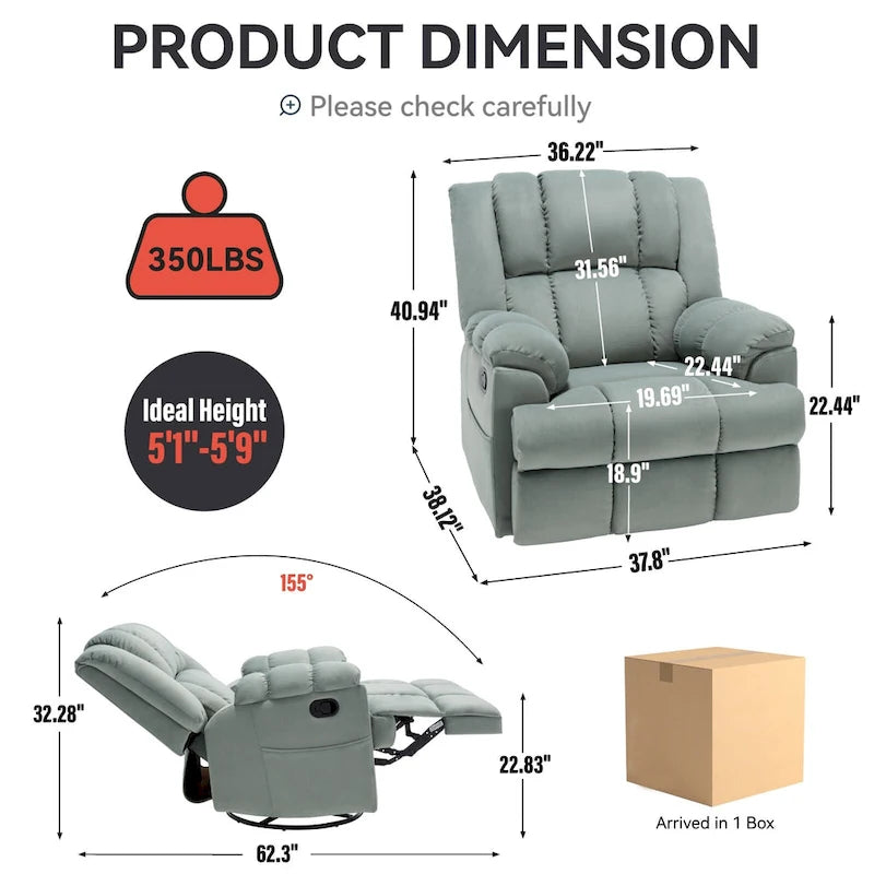 Fauteuil inclinable manuel vert surdimensionné avec pivotant à 360° et fonction bascule, revêtement en tissu pour un confort de salon