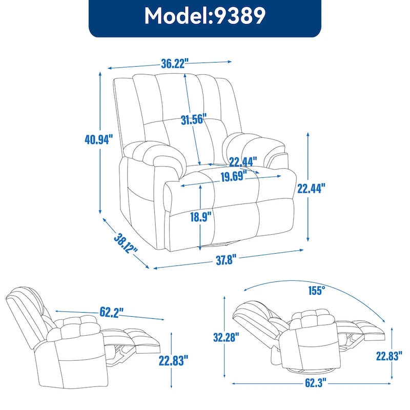 Fauteuil inclinable manuel vert surdimensionné avec pivotant à 360° et fonction bascule, revêtement en tissu pour un confort de salon
