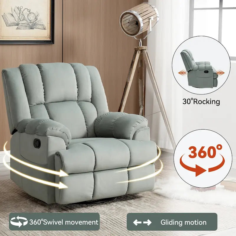 Fauteuil inclinable manuel vert surdimensionné avec pivotant à 360° et fonction bascule, revêtement en tissu pour un confort de salon
