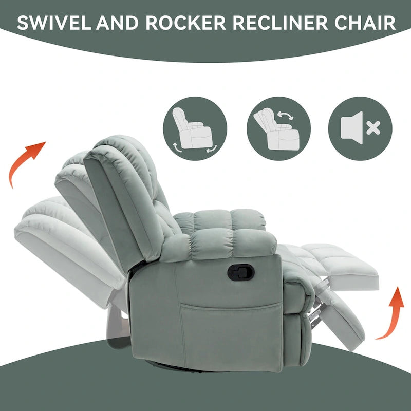 Fauteuil inclinable manuel vert surdimensionné avec pivotant à 360° et fonction bascule, revêtement en tissu pour un confort de salon