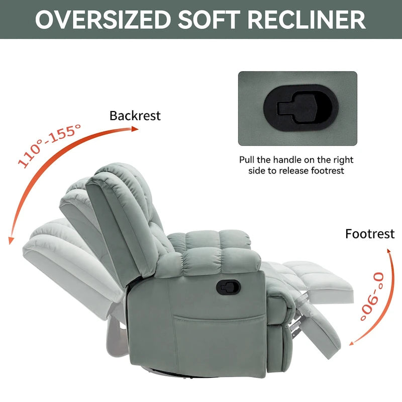 Fauteuil inclinable manuel vert surdimensionné avec pivotant à 360° et fonction bascule, revêtement en tissu pour un confort de salon