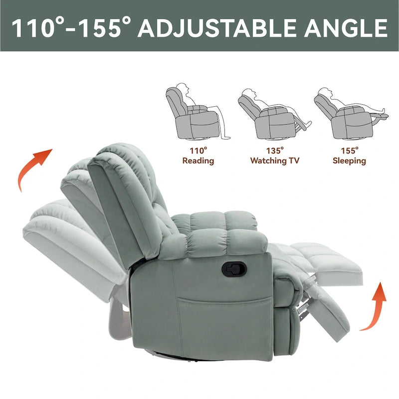Fauteuil inclinable manuel vert surdimensionné avec pivotant à 360° et fonction bascule, revêtement en tissu pour un confort de salon