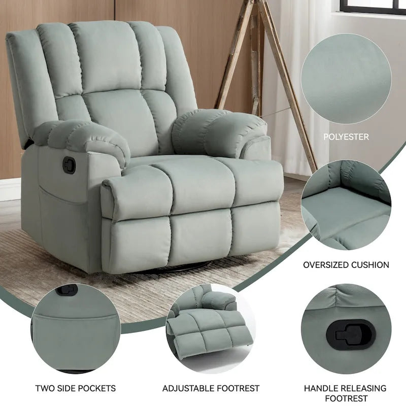 Fauteuil inclinable manuel vert surdimensionné avec pivotant à 360° et fonction bascule, revêtement en tissu pour un confort de salon