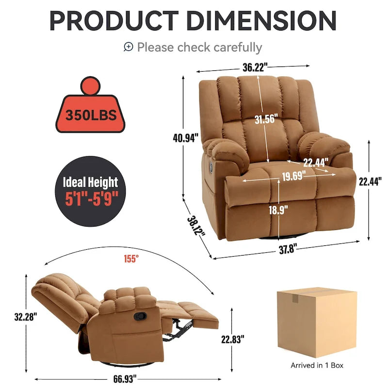 Fauteuil inclinable manuel vert surdimensionné avec pivotant à 360° et fonction bascule, revêtement en tissu pour un confort de salon