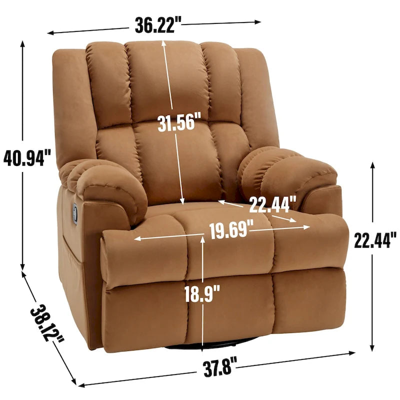 Fauteuil inclinable manuel vert surdimensionné avec pivotant à 360° et fonction bascule, revêtement en tissu pour un confort de salon