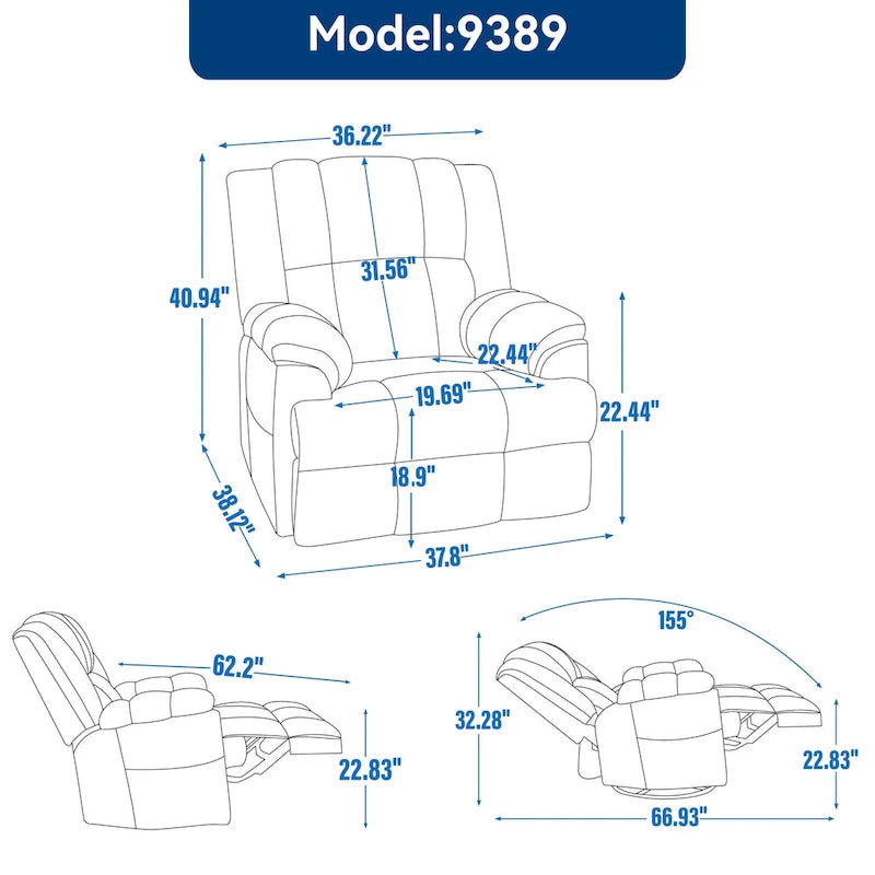 Fauteuil inclinable manuel vert surdimensionné avec pivotant à 360° et fonction bascule, revêtement en tissu pour un confort de salon