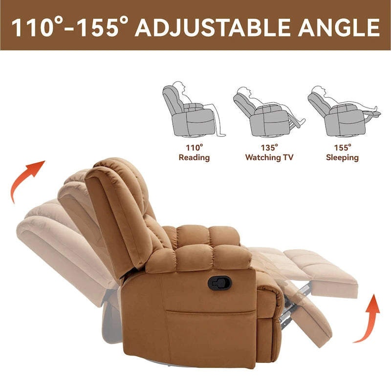 Fauteuil inclinable manuel vert surdimensionné avec pivotant à 360° et fonction bascule, revêtement en tissu pour un confort de salon