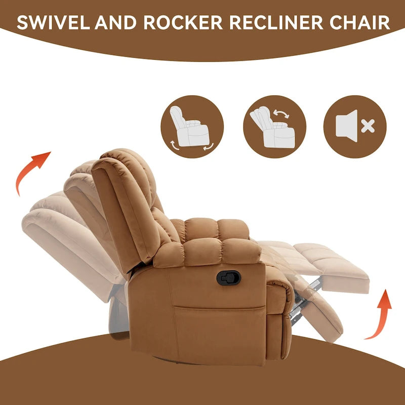 Fauteuil inclinable manuel vert surdimensionné avec pivotant à 360° et fonction bascule, revêtement en tissu pour un confort de salon