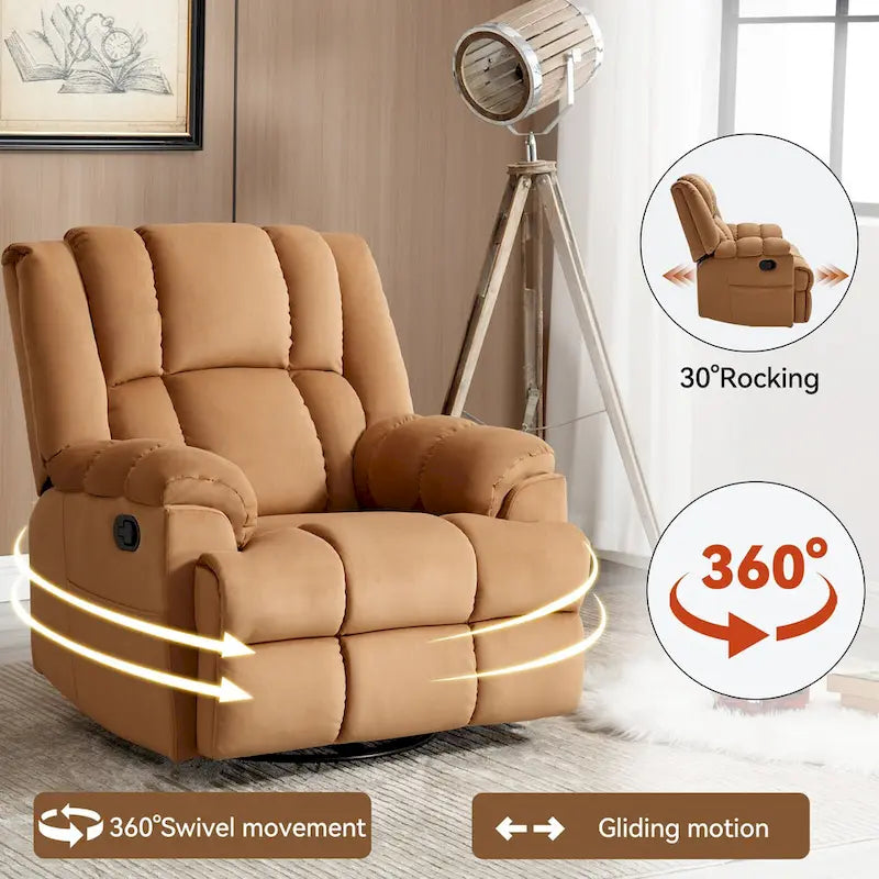 Fauteuil inclinable manuel vert surdimensionné avec pivotant à 360° et fonction bascule, revêtement en tissu pour un confort de salon