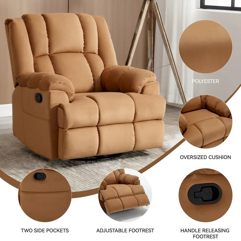 Fauteuil inclinable manuel vert surdimensionné avec pivotant à 360° et fonction bascule, revêtement en tissu pour un confort de salon