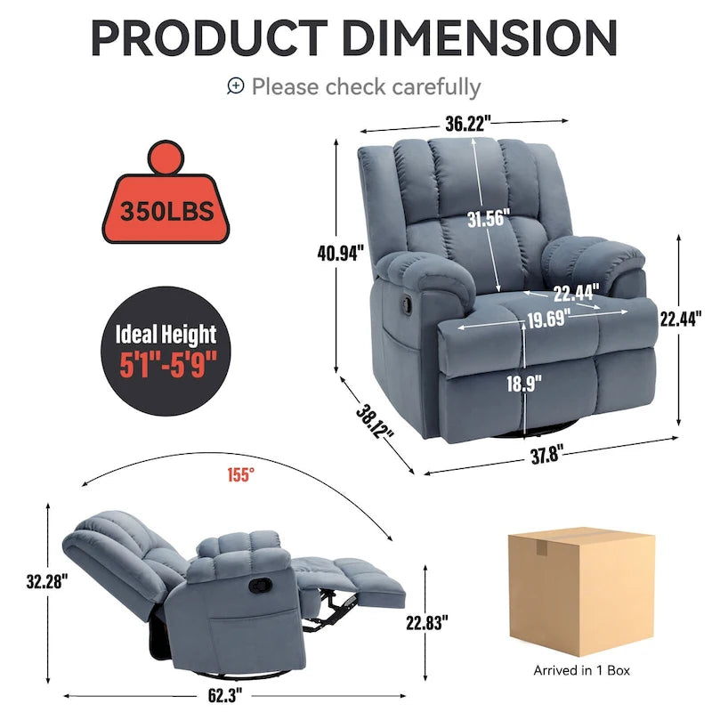 Fauteuil inclinable manuel vert surdimensionné avec pivotant à 360° et fonction bascule, revêtement en tissu pour un confort de salon