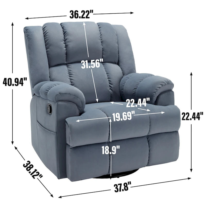 Fauteuil inclinable manuel vert surdimensionné avec pivotant à 360° et fonction bascule, revêtement en tissu pour un confort de salon