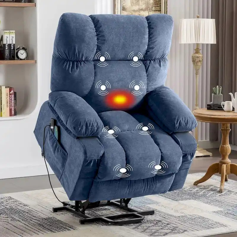 Fauteuil inclinable électrique bleu avec fonction chauffage, massage, port USB, rangement latéral et télécommande