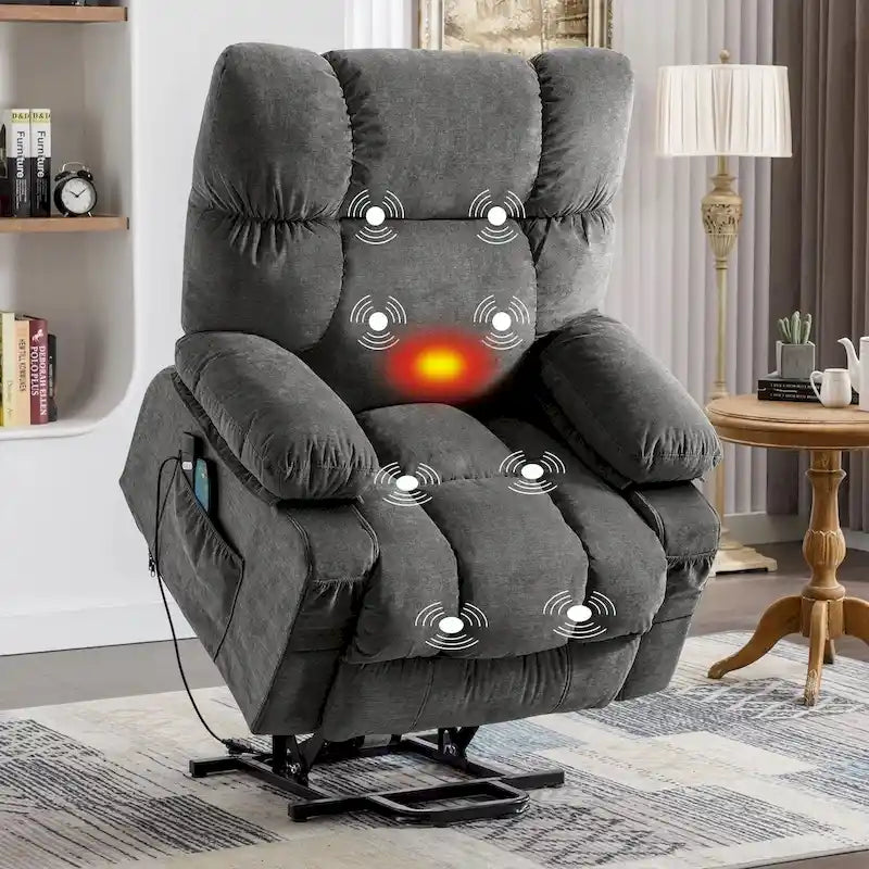 Fauteuil inclinable électrique bleu avec fonction chauffage, massage, port USB, rangement latéral et télécommande