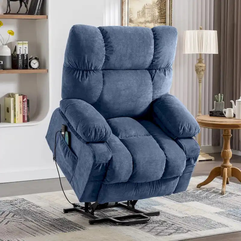 Fauteuil inclinable électrique bleu avec fonction chauffage, massage, port USB, rangement latéral et télécommande