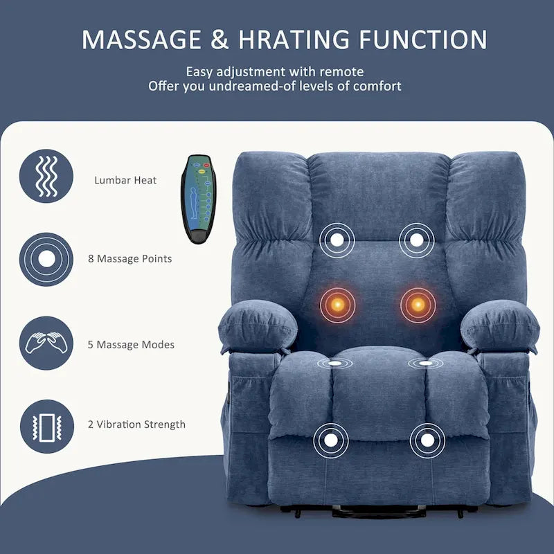 Fauteuil inclinable électrique bleu avec fonction chauffage, massage, port USB, rangement latéral et télécommande