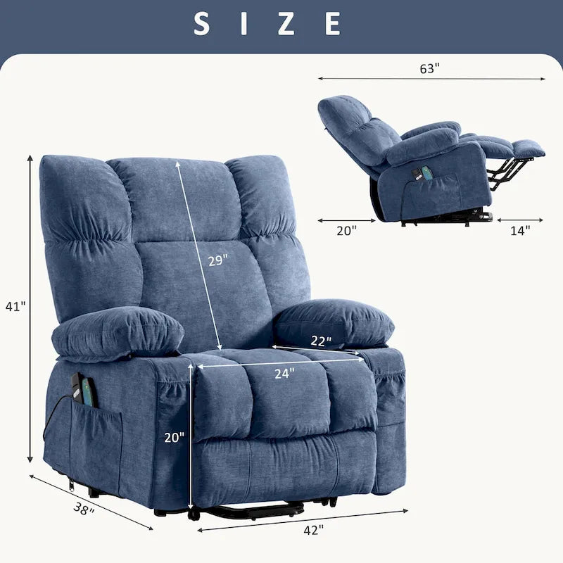 Fauteuil inclinable électrique bleu avec fonction chauffage, massage, port USB, rangement latéral et télécommande
